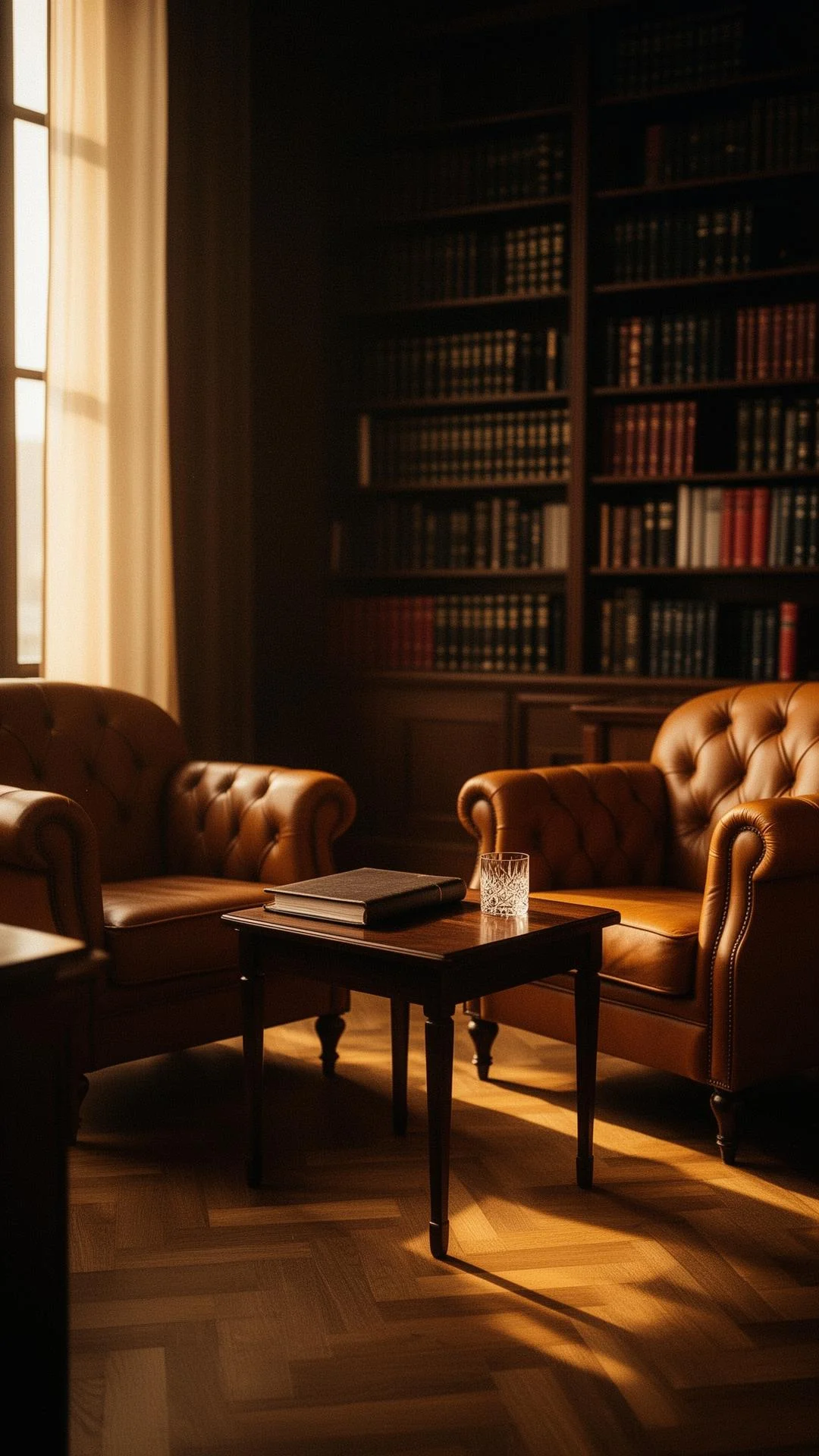A quiet private office with leather Chesterfield chairs and bookshelves at golden hour