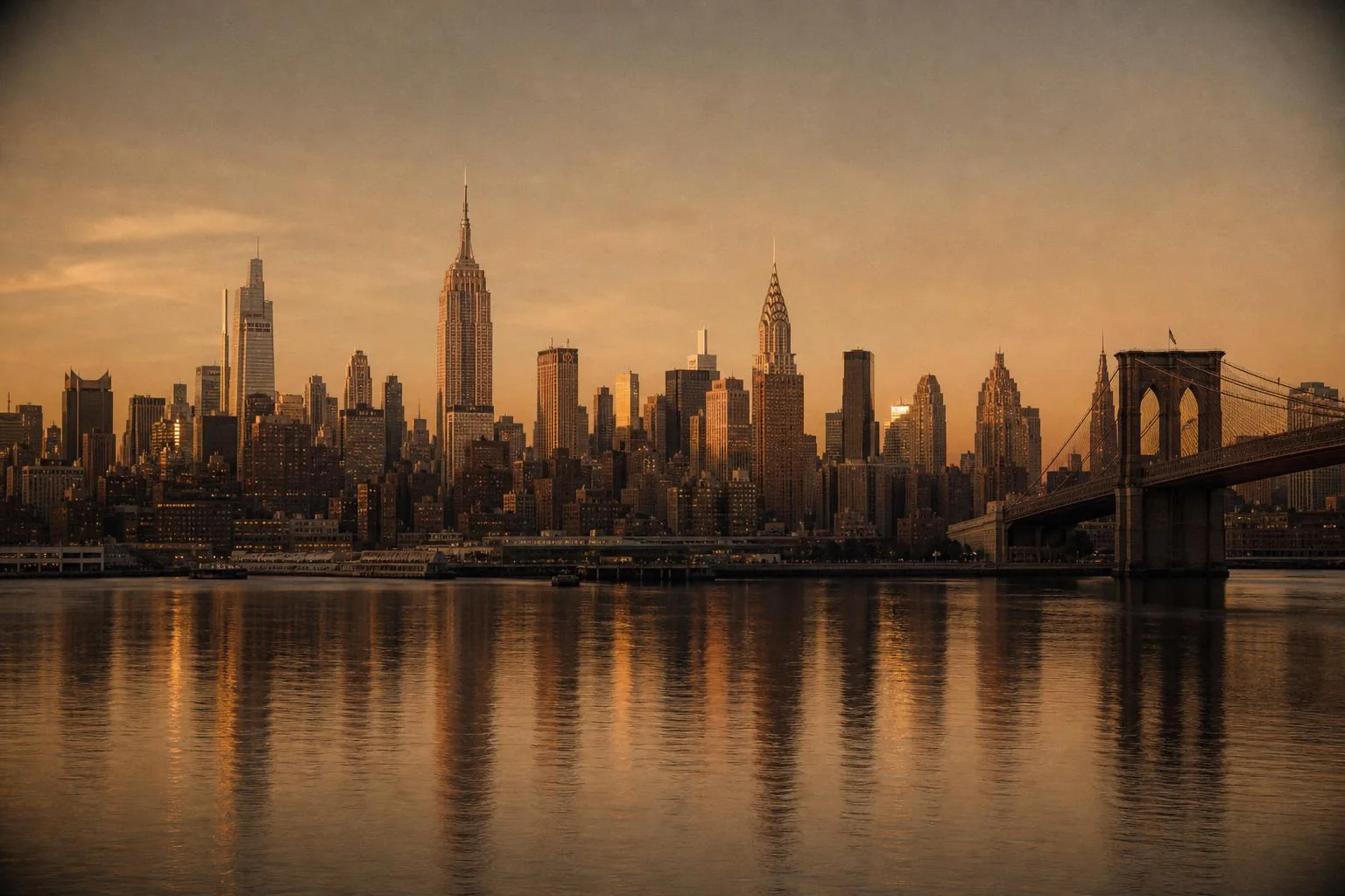 City skyline across the water at golden hour
