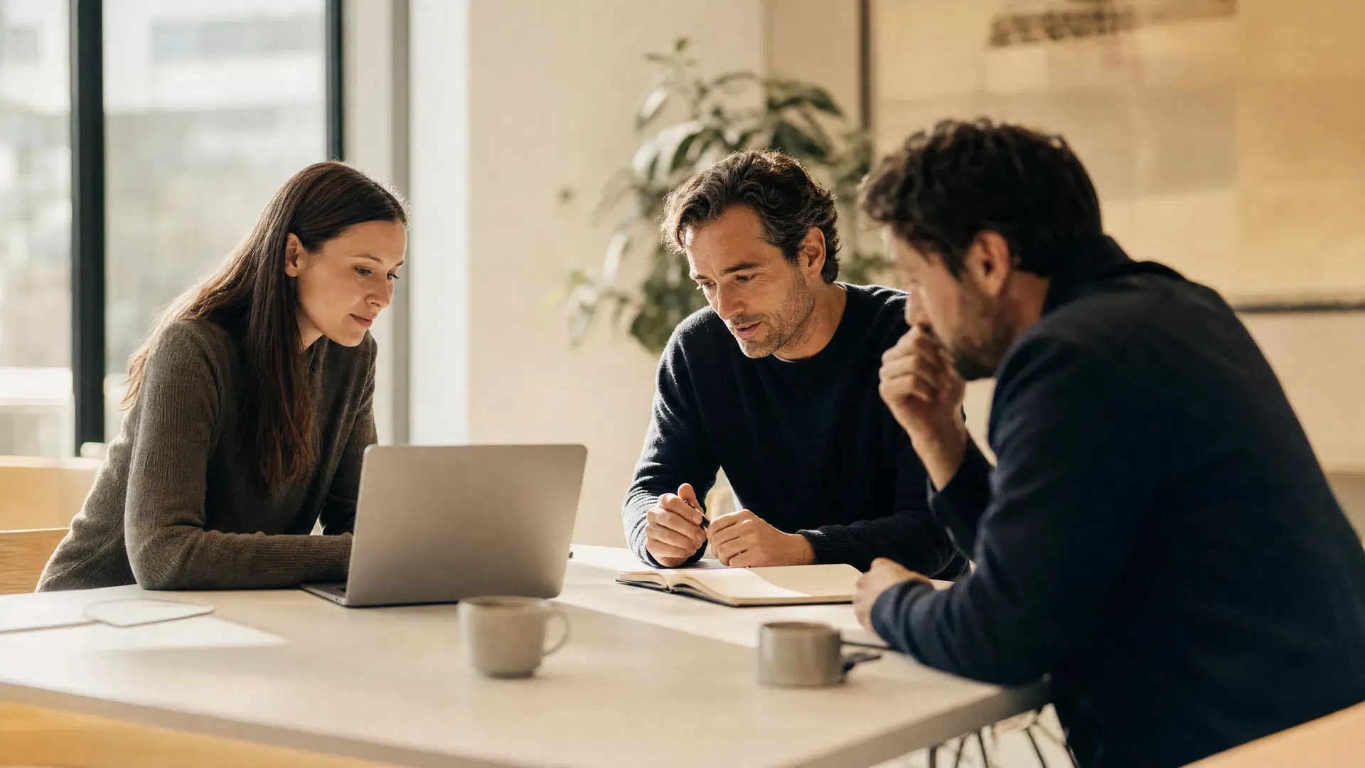 A team of three colleagues collaborating around a laptop in a warm modern office