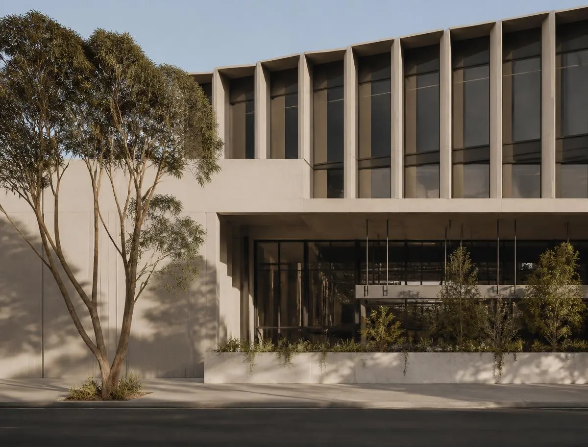 An understated Australian office building exterior in late afternoon light