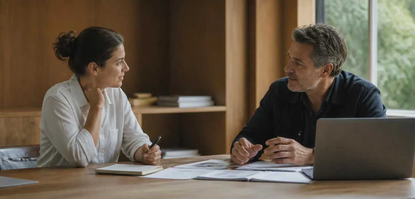 Two colleagues in conversation across a meeting table with papers and a laptop