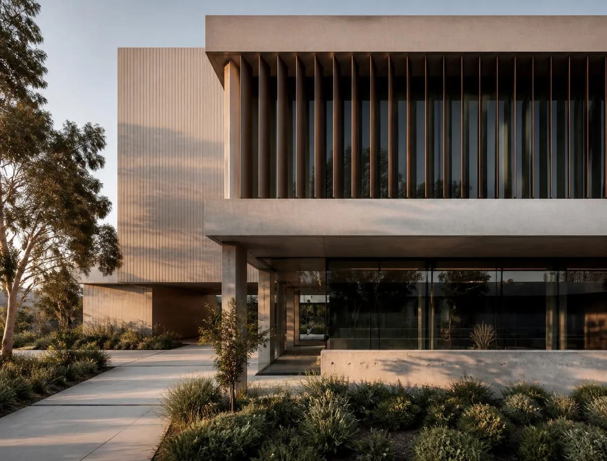 An understated Australian office building exterior in late afternoon light