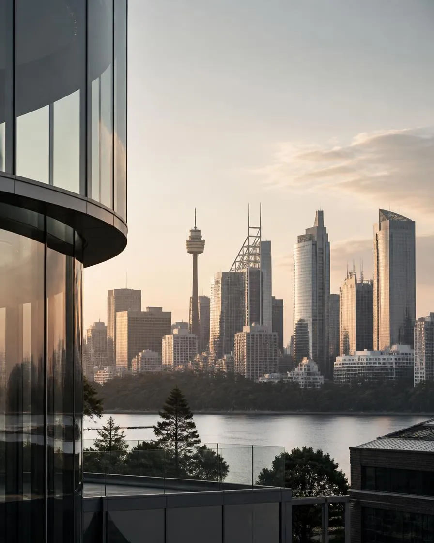 An Australian city skyline at dawn, seen from a modern office building