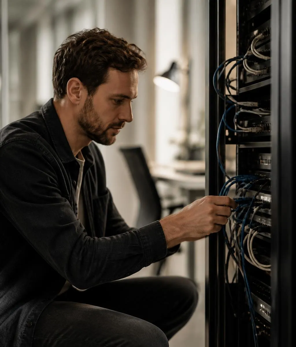 A technician working on network equipment in a tidy office comms rack