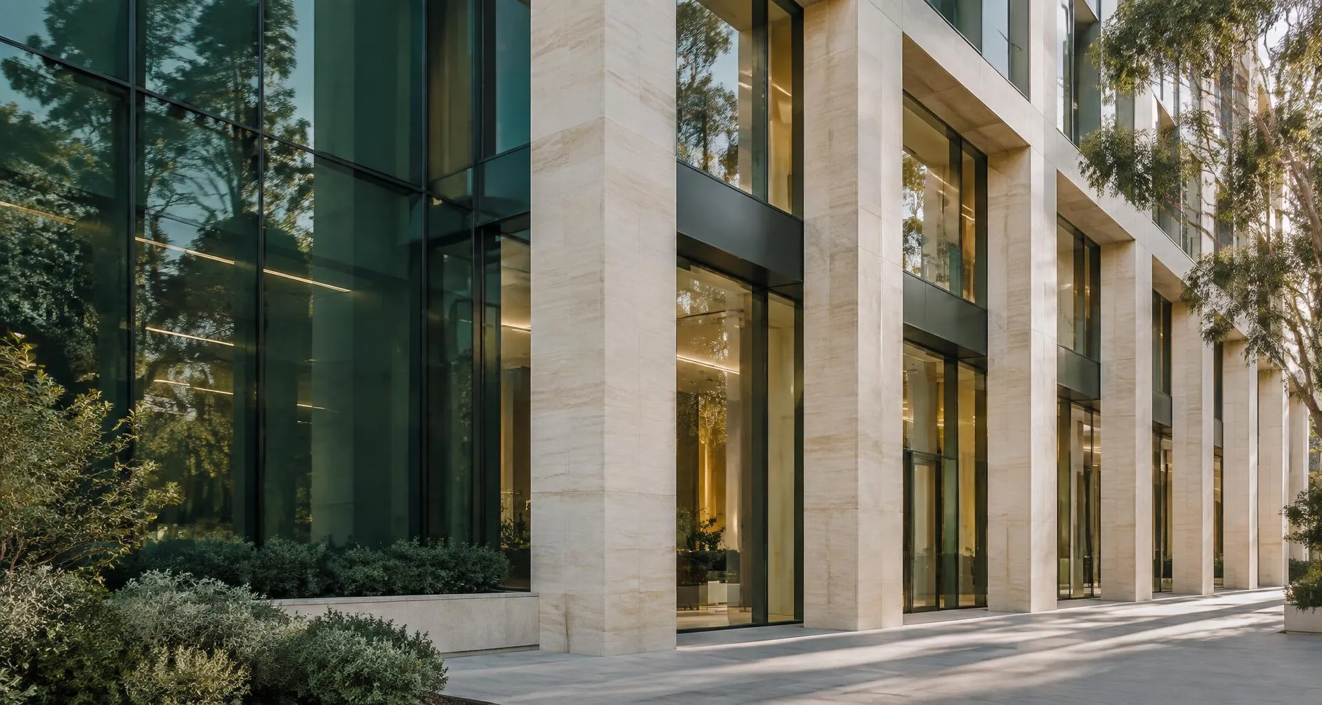 Sandstone columns and teal glass at a contemporary Australian workplace