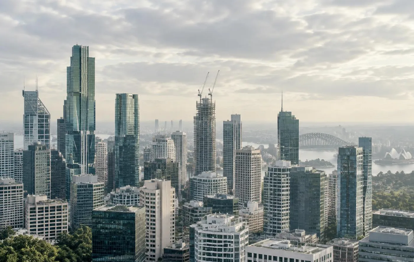 City skyline of glass office towers in soft daylight