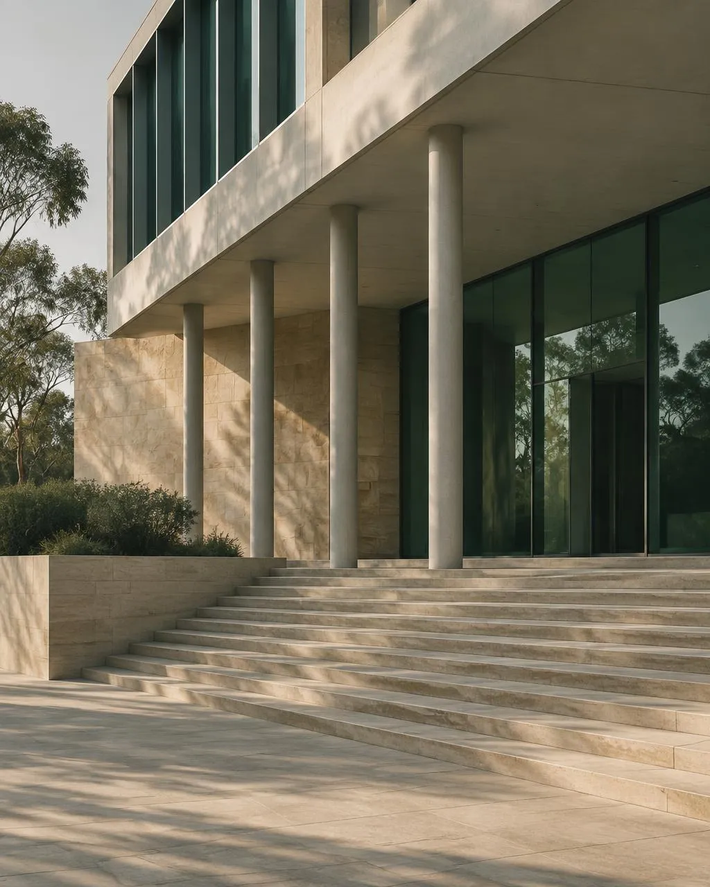 A modern sandstone and glass building with a colonnade and broad stone steps in soft afternoon light